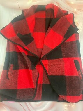 Red and Black Plaid Hooded Vest